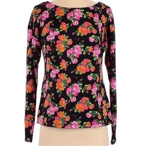 Betsey Johnson Floral Top Women's Mesh Shoulders Long Sleeve Round Neck EUC